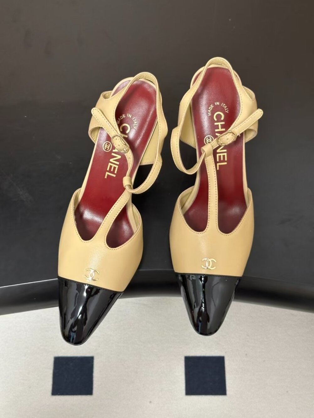 Chanel Beige Black Cap Toe T-Strap Slingback Heels CC Logo Buckle Pumps